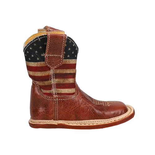 Image of INFANT BOYS COWBABY BOOT BROWN LEATHER VAMP WITH STARS AND STRIPES PRINTED UPPER