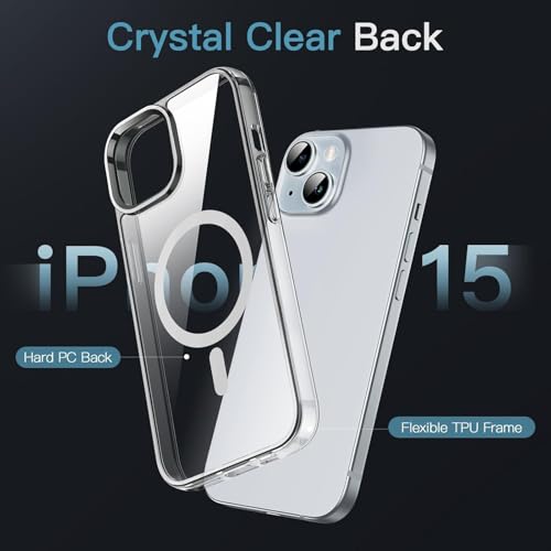 Image of JGD Magnetic Case for iPhone 15 Compatible with MagSafe, Shockproof Phone Bumper Cover, Anti-Scratch Clear Back (Clear)