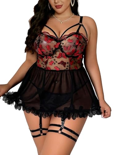 Image of Alrovetoney Plus Size Lingerie For Curvy Women Ruffle Lingerie Set Sexy Lace Lingerie Set Garter Belt With Stockings