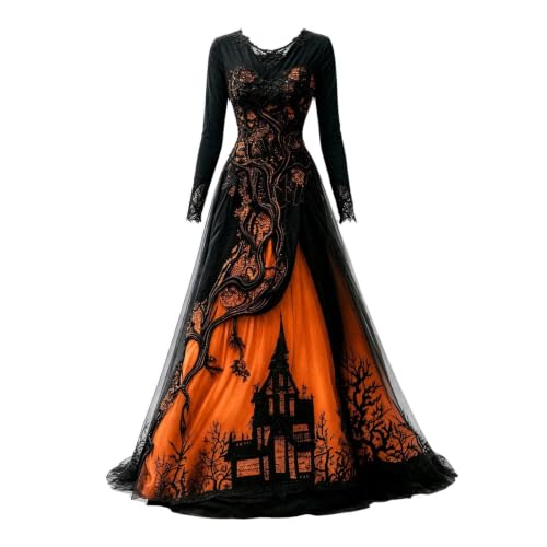 Womens Witch Halloween Costumes Gothic Print Long Sleeve Maxi Dress Orange - image 4