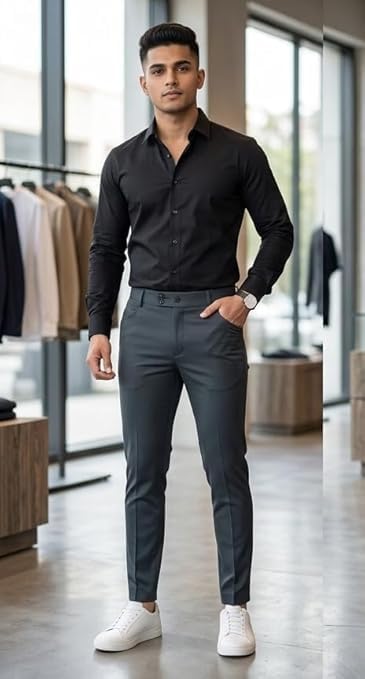 Image of Men Slim Fit Formal Trousers | Stylish Ankle Length Stretchable Office Pants | Men's Comfortable Slim Fit Trousers Combo Pack of 3
