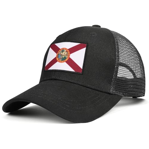 Adjustable Florida State White Flag Trucker Hat Mesh Baseball Cap with Embroidered Patch for Men Women