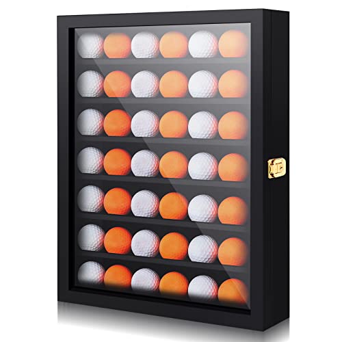 Sintuff 49 Golf Ball Display Case Solid Wood Golf Ball Holder Rack Gift Black Display Rack Cabinet Wall Mount Shadow Box for Enthusiast Collectibles with Lockable Acrylic Door