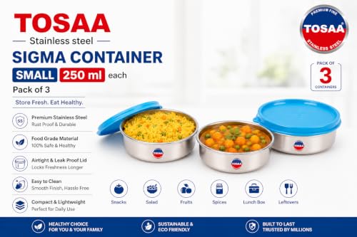 Image of TOSAA Stainless Steel Sigma Container Small - 825 ml (Pack of 3) | Airtight & Leakproof Lid |Compact & Travel-Friendly | Easy to Carry | Perfect for Office, School & Home Use