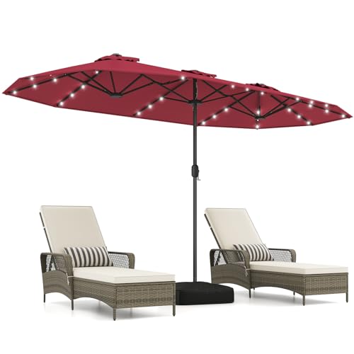 COSTWAY Parasol de Jardin Exterieur avec Pied 4 x 2 m avec LED Solaires, Parasol Double Rectangulaire avec Manivelle&2 Sacs de Sable, 8 Personnes, Protection...