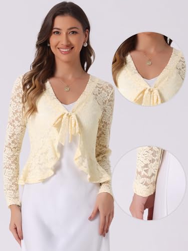 Image of Allegra K Bolero Shrug for Women's Lace Cardigan Tie Front Crop Ruffled Formal Dressy Wedding Shrugs