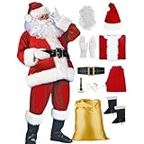 Weihnachtsmann Kostüm,10-Teiliges Weihnachtskostüm-Set für Erwachsene, Beinhaltet Weihnachtsmannbart, Glöckchen, Brille, Handschuhe, Mütze, Schuhe, Kleidung, Hose, Gürtel und Geschenktüte 2026 Neu