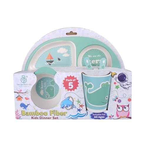 Image of Bamboo Kids Feeding Set of 5 | Kids Crockery Set Tableware |Baby Utensils and Dishes Set | Eco-Friendly |Organic & Natural (Green Whale.)