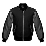 Lishow Fashion Varsity Baseball Letterman Bomber School Collage premium Wool and Genuine Black Leather Sleeves Zipper Jacket (6XL- LARGE, Black)