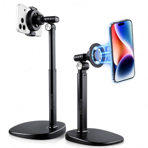 Image of BROLAVIYA 2-in-1 Magnetic & Clip Phone Stand for Desk, Adjustable Height Mobile Holder, MagSafe-Compatible Mount with Phone Clamp, 360 Rotation for Live Streaming, Recording, Video Calls & Cooking