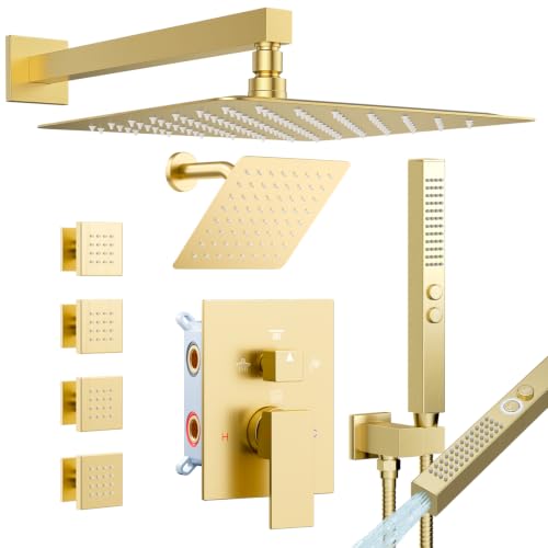 Shower System with 4 Body Spray Jets, STARBATH 4 Way 12 + 6"Rainfall Shower Head with Handheld Combo, Wall Mounted Shower Jets System in Wall Shower Faucet Set, Brushed Gold