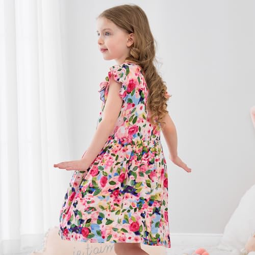 Girls Dress Flutter Ruffle Sleeve Boho Flower Floral Strawberry Sundress for Kids Casual Midi Dresses 3-10 Years4
