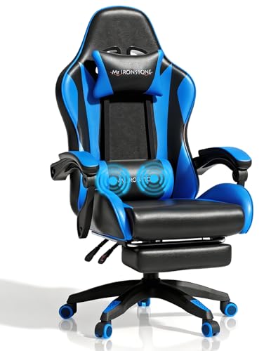 Mr IRONSTONE Gaming Chair with Footrest, Ergonomic Reclining Gamer Chair with Lumbar Support & Massage, High Back Racing Style Video Game Chair, Adjustable Headrest, Swivel Desk Chair, Blue