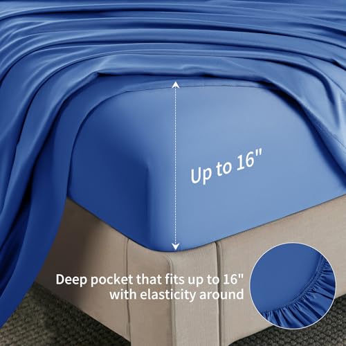 Image of Shilucheng 6 Piece California King Sheet Sets, Cooling Sheets, Blend Rayon Derived from Bamboo, Deep Pocket Up to 16 inch, Breathable & Soft Bed Sheets, Hotel Silky Bedding Set, Navy Blue
