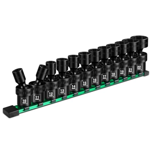 BLACKROBOT 3/8' Drive Shallow Universal Impact Socket Set, 12PCS 6 Point Metric Swivel Socket set(10-22mm), CR-MO Steel, Includes Storage Rail