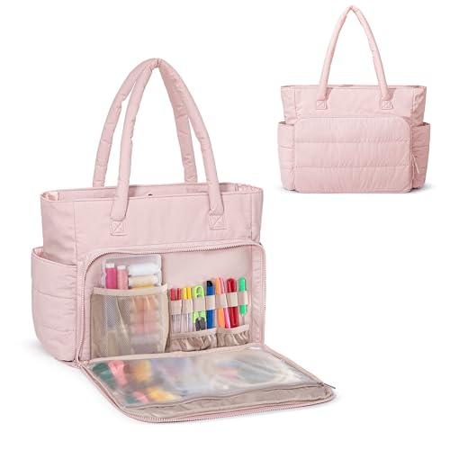 Teamoy Puffy Embroidery Bag Organizer Cross Stitch Bag with Multiple Pockets Embroidery Project Bags for Cross Stitch Kits Pink