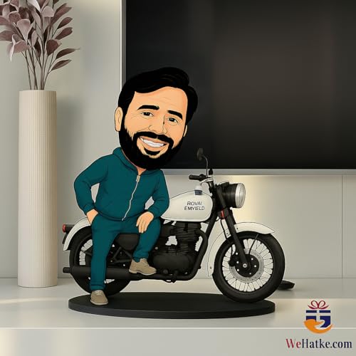 Image of WEHATKE WEHATKEWEHATKE Personalized Royal Enfield Bike Caricature Standee | Custom 2D Acrylic Photo Cartoon Gift for Bikers, Husband, Boyfriend | Birthday and Anniversary Desk Decor