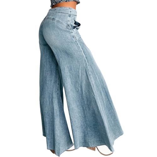 Women's Plus Size Wide Leg Jeans Trendy Distressed Mid Rise Casual Loose Denim Bell Bottom Pants4