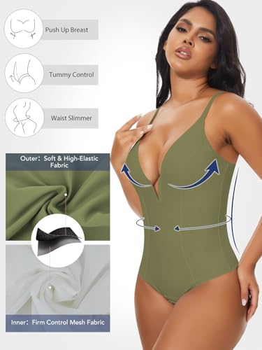 Image of SHAPERIN Bodysuit for Women Shapewear Tummy Control Deep V Neck Plunge Sleeveless Backless Thong Body Suit Tank Top