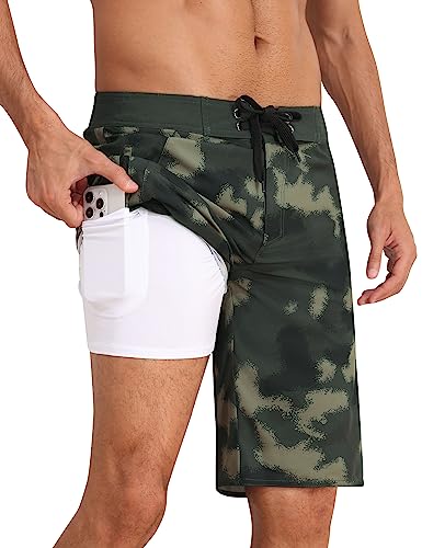 Nonwe Men's Swimming Trunks with Boxer Brief Liner Quick Dry Stretch Long Beach Shorts Camo Green 36