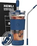 Hemli 19 oz. Clear Double Wall Glass Coffee Tumbler, To Go Travel Mug with Lid, Portable Glass Thermos with Straw, Reusable Cup For Tea, Smoothies, Ice Coffee, and Boba