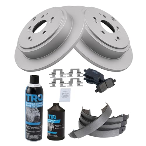 Image of TRQ Rear Brake Pad & Rotor Kit, with Chemical Kit Parking Brake Shoe Set Semi-Metallic Compatible with 2003-2008 Honda Pilot