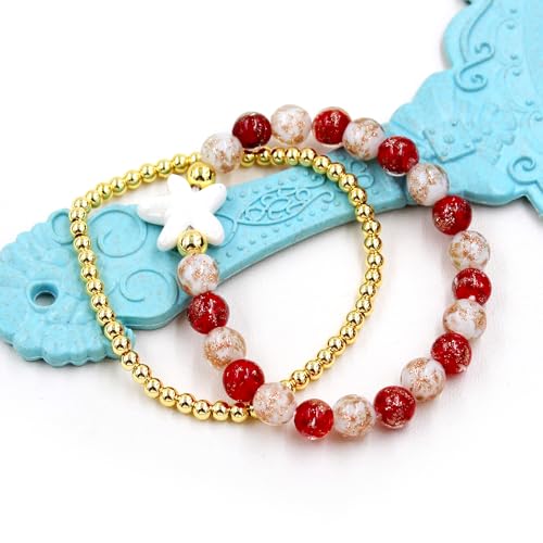 Image of 2 Christmas Couple Bracelets, Santa /Christmas Starfish /Christmas Tree Charm and 4mm Brass Beaded Stretch Bracelet for New Year Gifts for Family and Friends