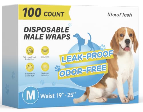 Image of Wowflash 100 Count Dog Belly Bands for Male Dogs, Male Dog Diapers Disposable, Leakproof Dog Wraps with Wetness Indicator, Breathable Quick-Dry, Secure Fit for Doggy Puppy Training, Medium
