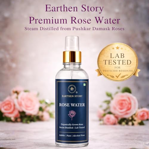 Image of Earthen Story Food Grade Organic Rose Water 200ml | Lab Tested for 180 Pesticides | Pure & Natural Steam Distilled Face Toner Mist | No Chemicals and Preservatives