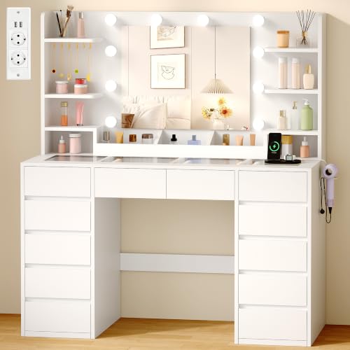 Tocador Grande de Maquillaje con Espejo y Luz LED Regulable, 10 Bombillas