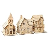 Genérico Pueblo de Navidad LED para Mesa - Set de 3 Casitas Iluminadas con Luz Blanca Cálida, Estantería y Escritorio | Estilo Rústico y Nórdico para Interior