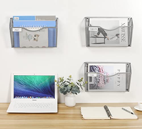 Easypag Mesh Wall File Holder 3 Pockets Hanging File Folder Organizer For Home And Office With Nametag Label, Silver #TOP4