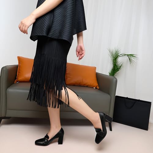 HDEUOLM Womens Chunky Block Mid Heel Square Toe Pumps Slip-on Loafers Shoes Office Basic Classic 3.2 Inches Shoes3