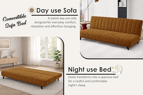 Image of Rosebell- Velvet Fabric Sofa Cum Bed 3-Seater Foldable Convertible Sofa, Modern Tufted Design Couch for Living Room, Guest Room & Office Golden Color