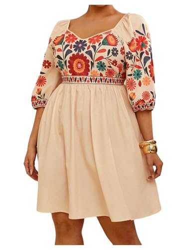 Women's Plus Size Boho Floral Short Dress Half Sleeve High Waist A Line Flowy Dresses