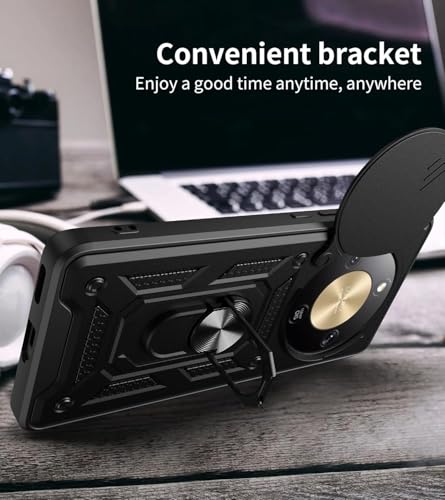 Image of Casodon Heavy Duty Back Case Cover for Honor X9A 5G, Shockproof Honor X9A Back Cover, Ring Case with Kickstand and Camera Protection Shutter - Black