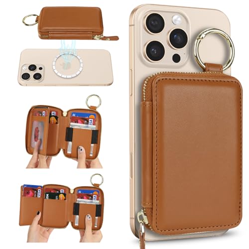 Image of Compatible with MagSafe Wallet,Magnetic Phone Wallet Card Holder for iPhone 17 /16 Pro Max /15 plus /14 Pro /13 /12 Series,PU Leather Zipper Pocket Adjustable Stand-Brown