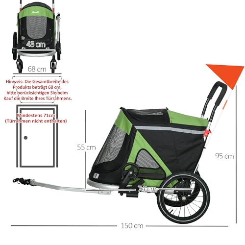 PawHut 2-in-1 Fahrradanhänger für Hunde Hundeanhänger Hundebuggy & Jogger mit Sicherheitsleine, Hundewagen mit Reflektoren Stoßdämpfer für Mittelgroße Hunde bis 20 kg, Oxford-Gewebe, Grün