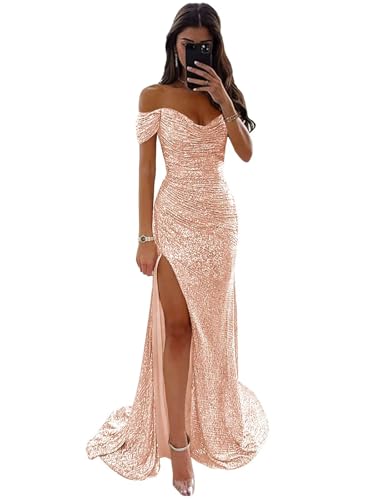Sequin Prom Dresses 2025 for Teens Mermaid Rose Gold Bridesmaid Dress Long Off Shoulder Ruched Evening Party Gown US 2