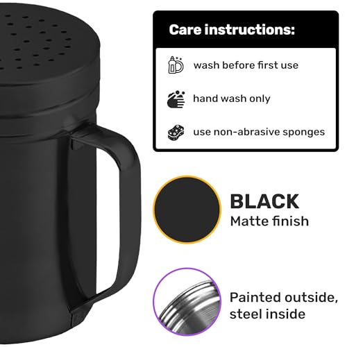 Image of CUSINIUM 14oz Black Stainless Steel Salt Pepper Dredge Shakers - With Plastic Cap - With Handle - Pack of 2