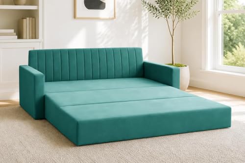 Image of Sofa-Cum-Bed | 3-Seater Foladable Couch with Armrest | Modern Fabric Sofa Bed for Living Room, Bedroom & Office-Green-Color