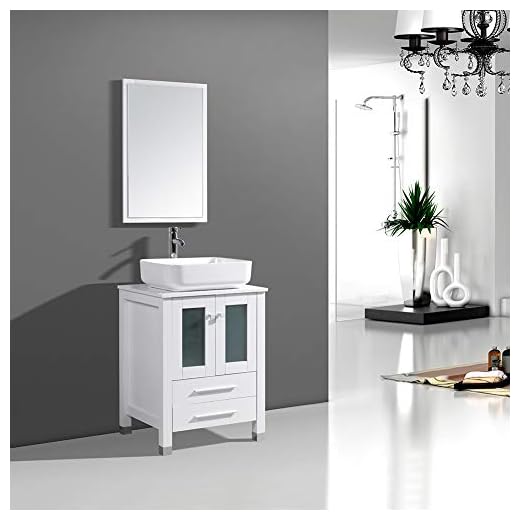 DodreHome 24" Modern Bathroom Vanity MDF Cabinet Combo with Ceramic Vessel Sink with Faucet and Pop Up Drain Set,Mirror Included,White Color