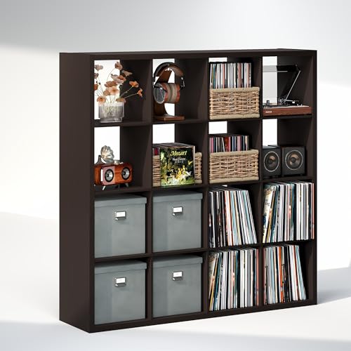 Image of Furinno Cubicle Record Player Stand, 16-Cube Record Storage, Dark Oak | Vinyl Storage, 1.2 inchInch Extra Thick, Open Back Media Shelf for CD DVD Bluray Game Disc, for Living Room, Home Office