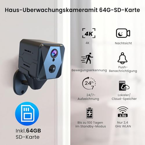 aidowocam Mini Kamera 4K Kamera Überwachung Innen mit 64G SD WLAN Überwachungskamera Innen,WiFi Camera Live Übertragung Handy APP Für Lange Standby Akku Kamera,Bewegungsmelder Nachtsicht