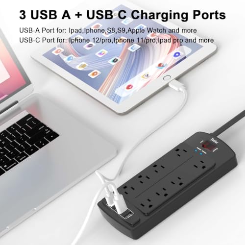 Image of Surge Protector Power Strip, Yintar Flat Plug Extension Cord with 8 AC Outlets and 4 USB Ports, 6 Feet Power Cord, 2700 Joules, ETL Listed, Black
