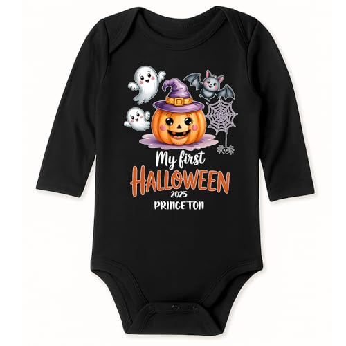 Personalized My First Halloween Baby Romper, 2025 Pumpkin Ghost Bodysuit for Boys Girls, Cute Fall Baby Outfit