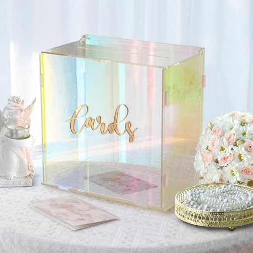Image of OurWarm Iridescent Acrylic Wedding Card Box with String Light, DIY Gift Card Box for Wedding Reception, Wedding Envelope Money Card Boxes Holder for Party Graduation Baby Shower Birthday Decorations