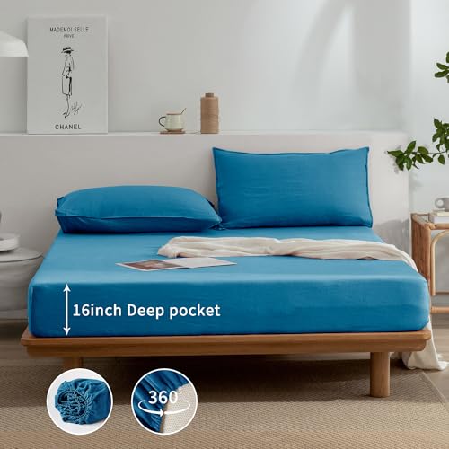 EVERLY Linen Twin Sheets Set, 100% Stonewashed French Linen Bed Sheets Deep Pocket Sheets, 3 Pieces (1 Flat Sheet, 1 Fitted Sheet, 1 Pillowcase) Natural Flax Bedding Set-Blue