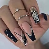 MISUD Press on Nails - Long Coffin Fake Nails with Black Gold, Acrylic Snowflake Glitter Design 24 pcs