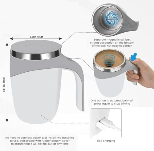 Image of Zentro Travel Coffee Mug Leak Proof -380 ML One Click Lid Stainless Steel Coffee Cup for Car, Office & Daily Commute with Secure Lock & Easy Clean Design (Self Stirring Coffee Mug)